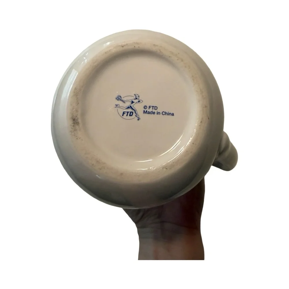 FTD White Ceramic Pitcher Blue Ribbon Bow Pink Floral Flowers Creamer Vintage